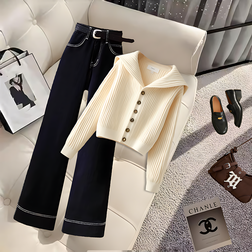 秋季穿搭一整套小香风针织毛衣女新款设计感减龄高腰直筒裤两件套