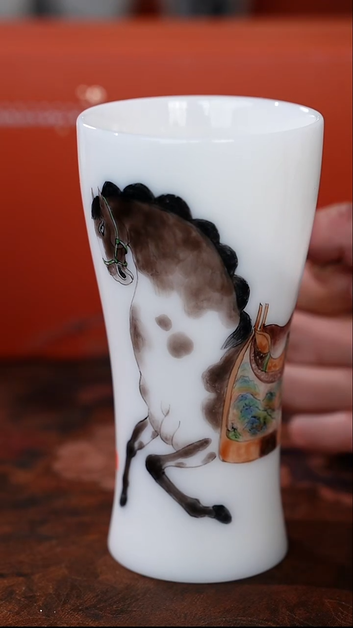 [渡景山房]冰晶玉喜陶瓷可乐杯（手绘唐彩马）礼盒装