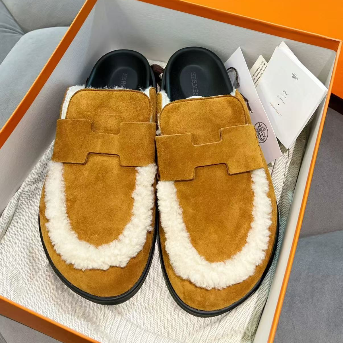 99新 Hermes/爱马仕 棕色泰迪毛博肯拖鞋 36 37