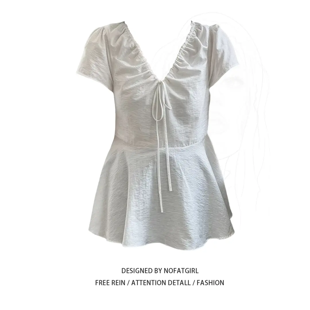 2025大码夏季新款胖妹妹V领上衣抽绳宽松显瘦遮肉短袖衬衫女