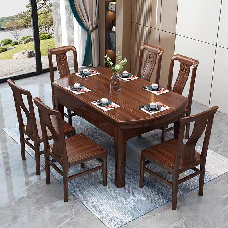 新中式乌金木全实木餐桌椅组合家用方圆两用小户型饭桌折叠桌