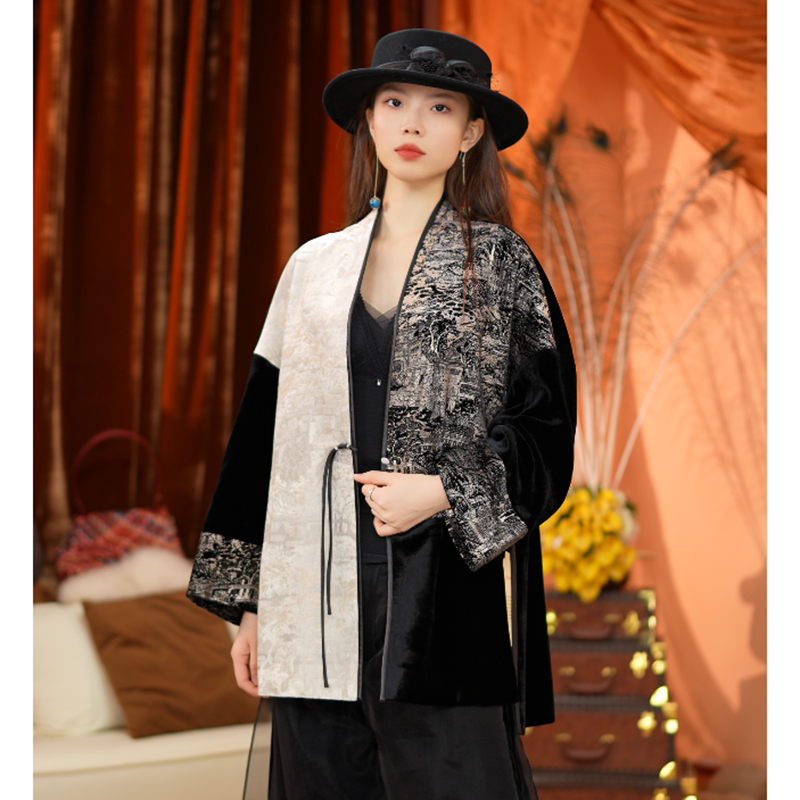 太太服新中式丝绒外套拼接加厚罩衫上衣国风2481032-1