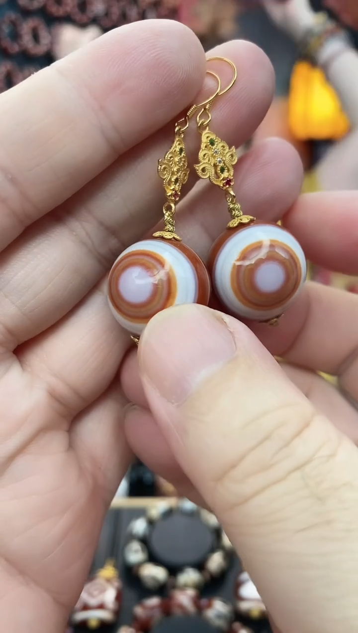 玛瑙/玉髓耳坠银S925镶嵌羊板眼耳坠