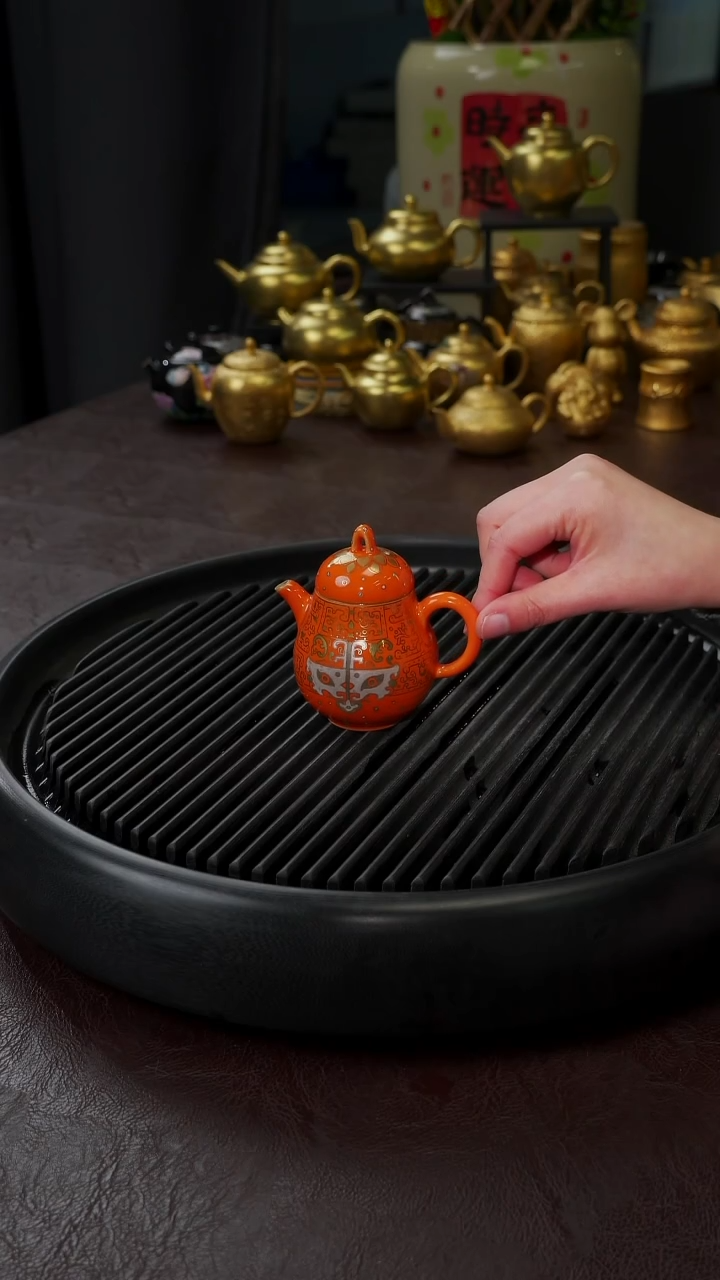 【闪购商品】杯【宜景窑爱马仕橙金银错】黄金面具壶