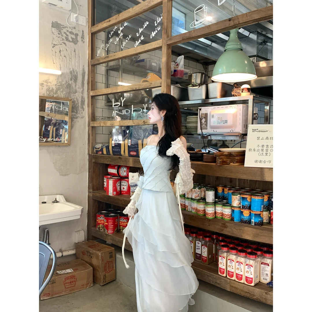 【宠粉专场】星辰海浪 水蓝皱感抹胸鱼骨上衣DYYY-24055354