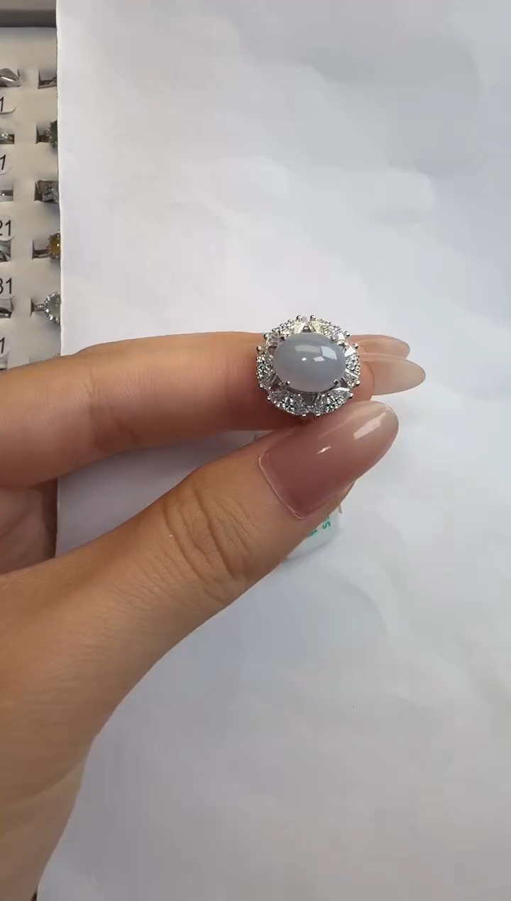 银S925镶嵌戒指翡翠通体925银镶缅甸A货翡翠戒指0292