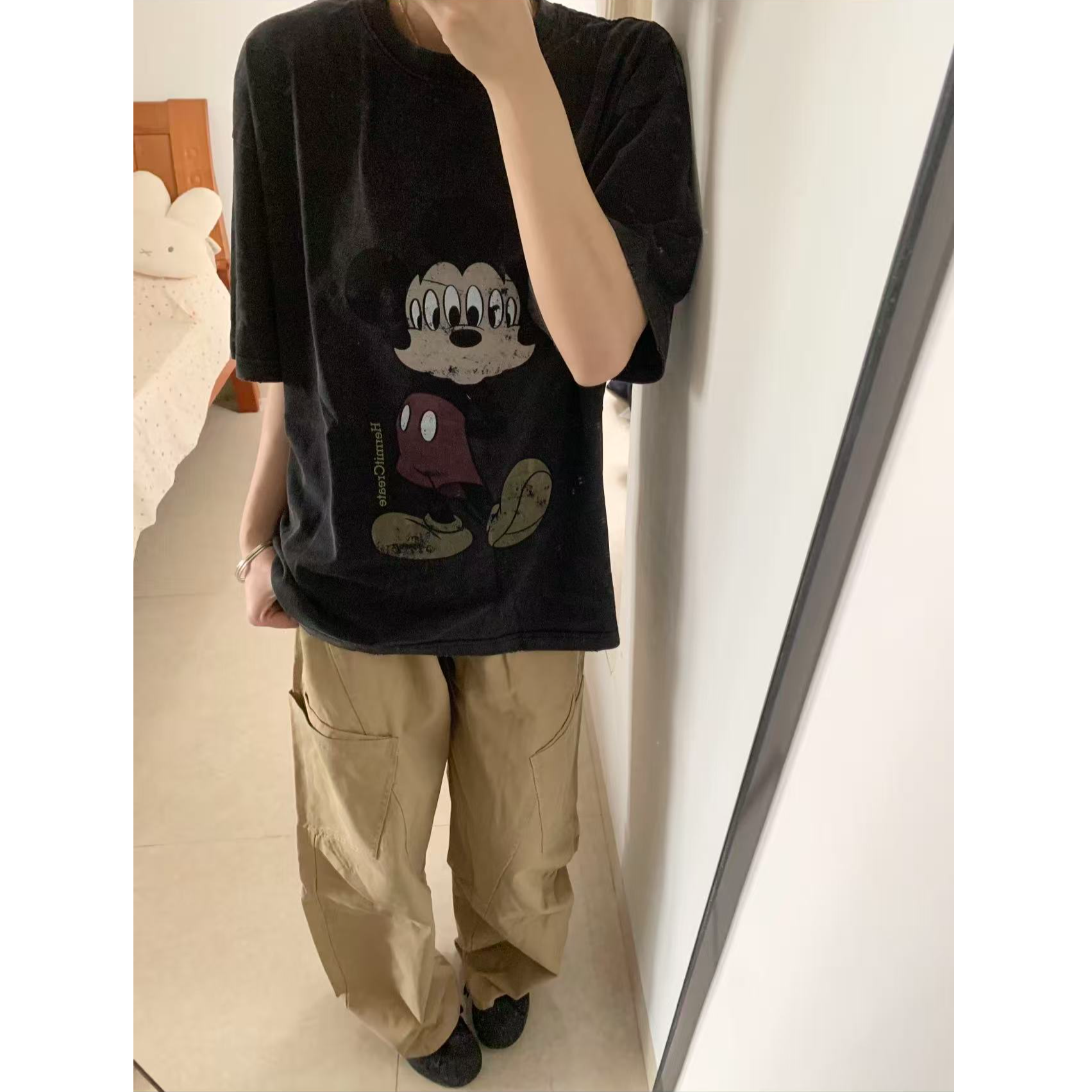 美式复古三眼米奇印花纯棉水洗做旧黑色短袖T女夏季宽松显瘦上衣