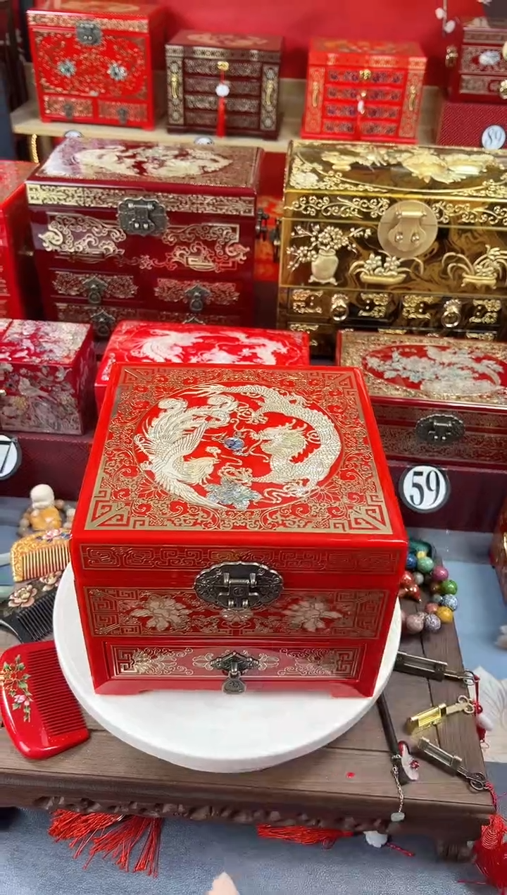 【闪购商品】20厘米新款三层单抽掐丝螺钿镶嵌红色龙凤