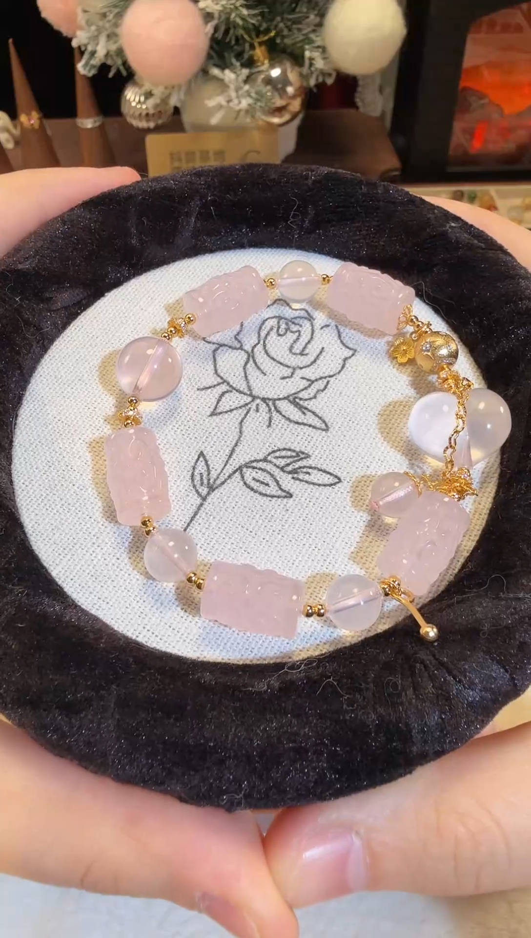 银S925镶嵌手链水晶粉水晶回纹