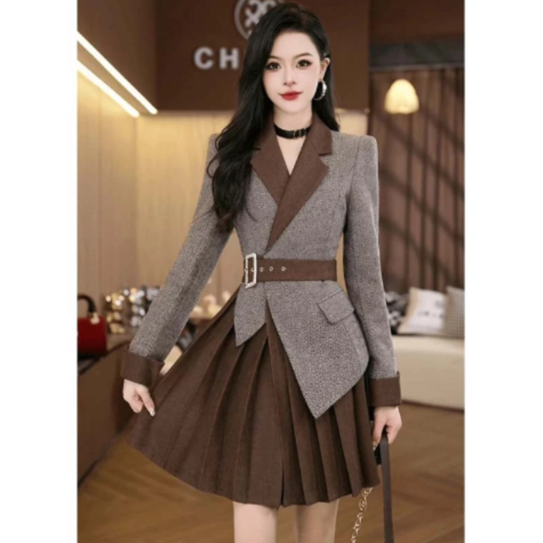 连衣裙短裙秋季V领西装领春季纯色长袖极简风款式FF3180