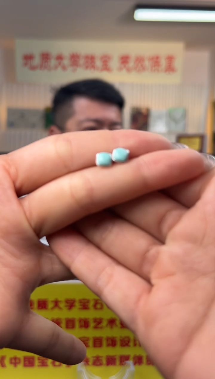 银S925镶嵌绿松石耳饰绿松石方形耳钉S925银