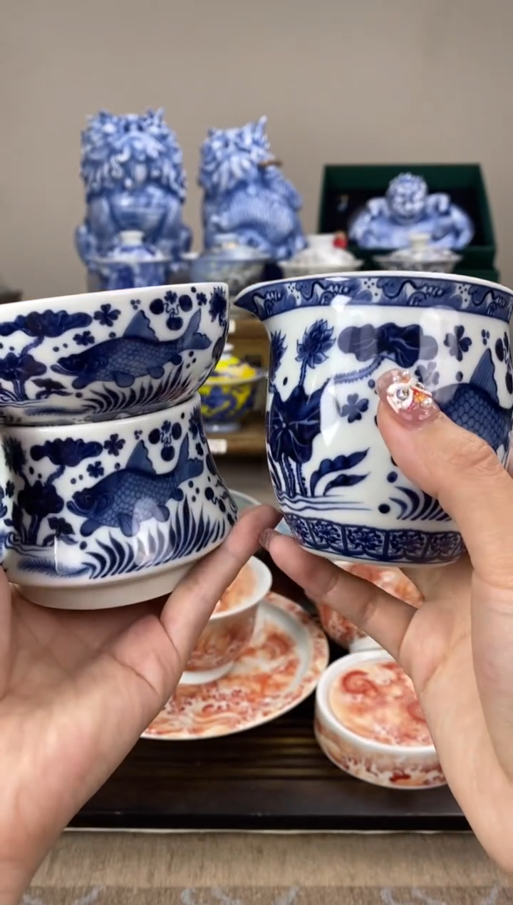 【闪购商品】青花鱼藻纹公道杯+茶漏