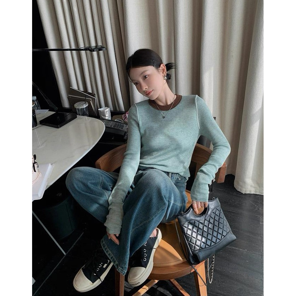 《音束YinShu》肩膀坑条撞色领气质简约轻肤女毛衣秋冬新款