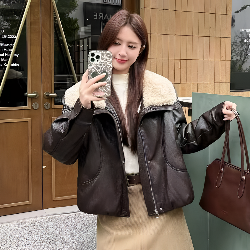 【衣佳精品】冬季新款小个子时尚洋气保暖大翻领pu蛋白皮短款羽绒服