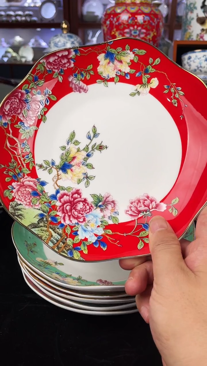 瓷片景德镇珐琅彩牡丹花边盘