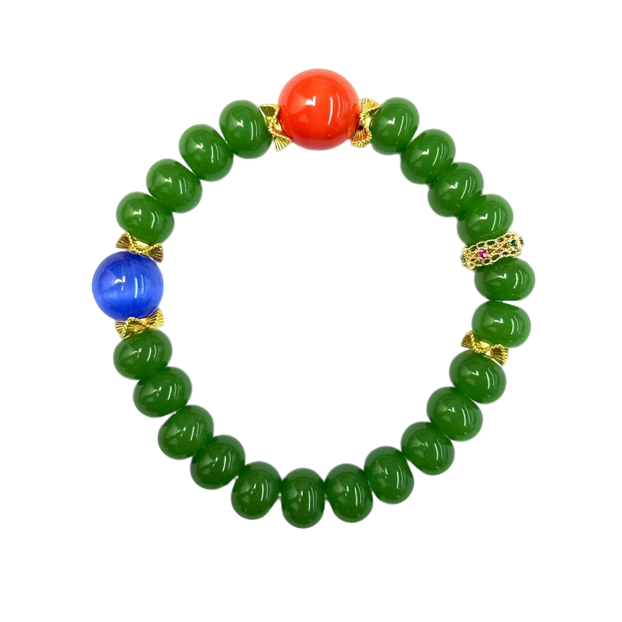 【符老板】s1460-国风设计款三姑娘圆珠手串-石英质玉金宝绿-赠礼盒