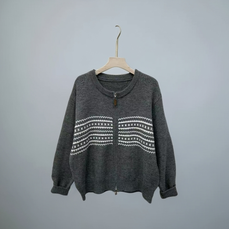 620圆领双头拉链毛衣女秋冬宽松提花灰色毛衣