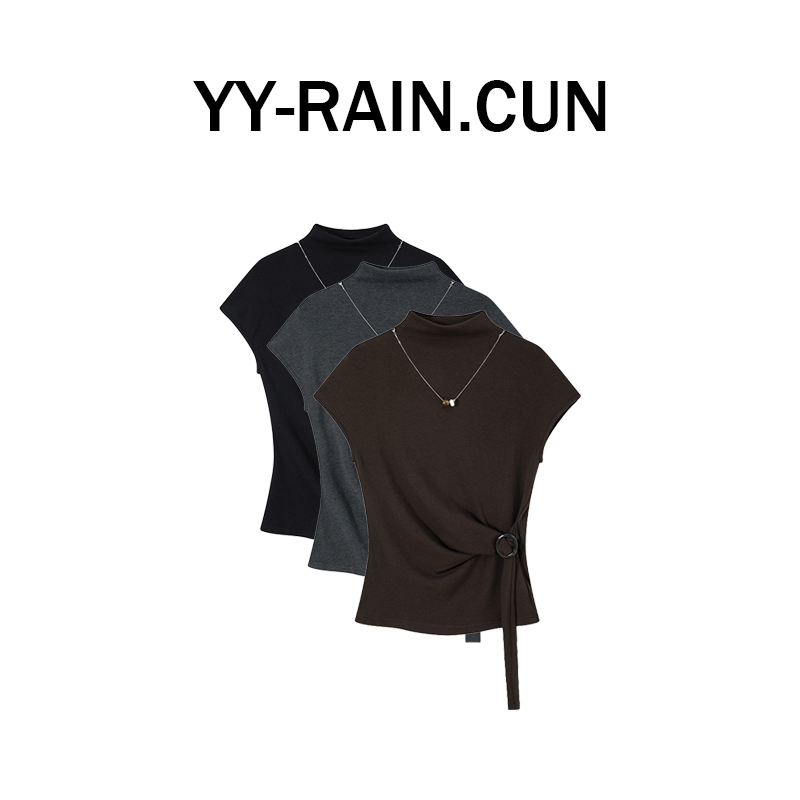 YY-RAIN.CUN秋季新款半高领气质系带收腰短袖时尚T恤衫OS11897