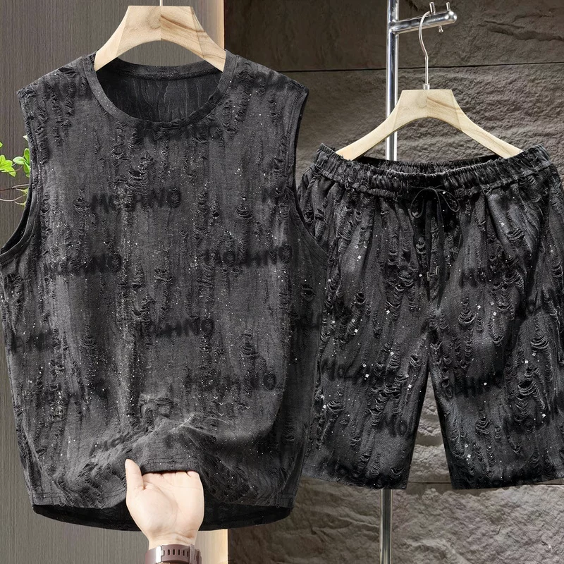 特大码满天星夏季男士背心时尚休闲套装破洞短裤薄款宽松潮流裤男