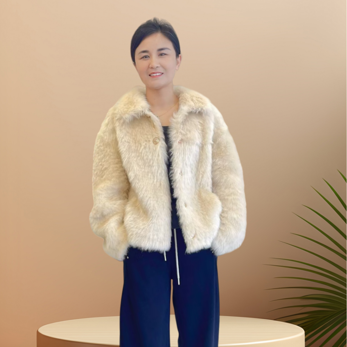 现货翻领原生态皮毛一体女款