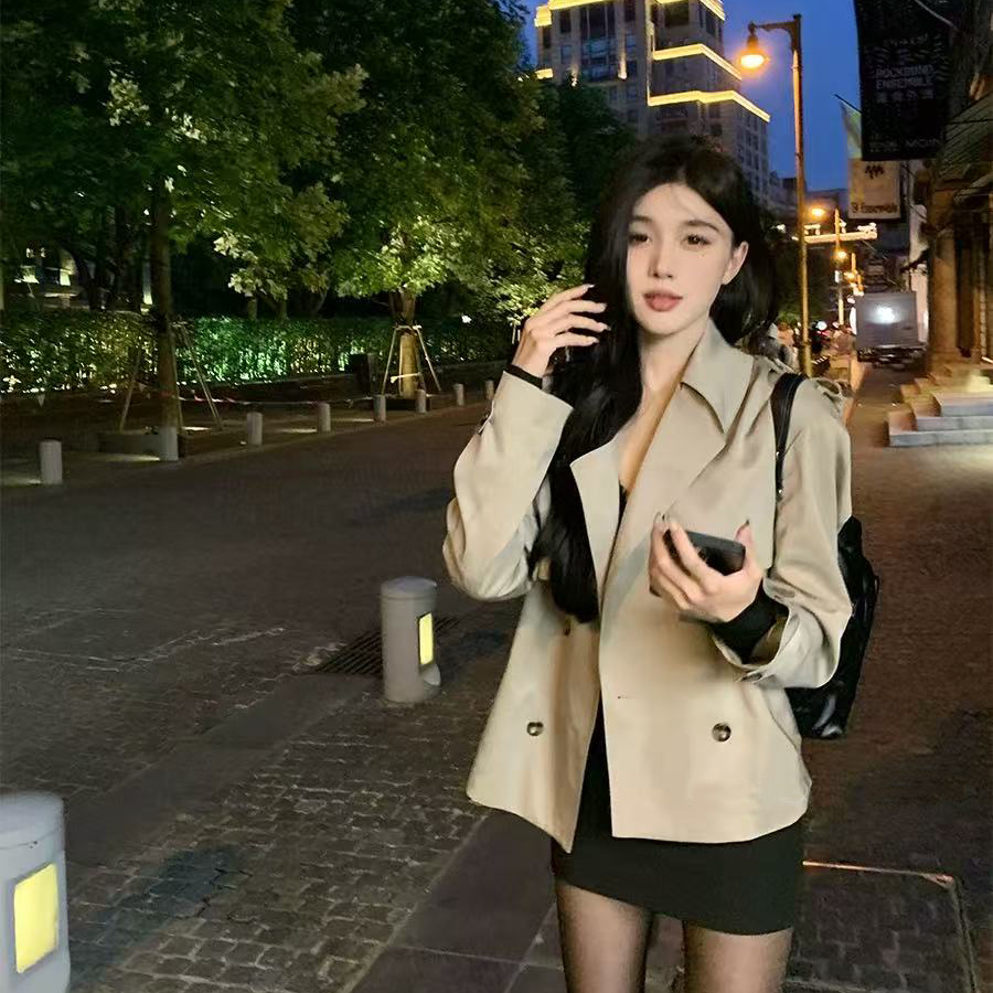 小个子老钱风卡其色短款风衣女秋新款宽松百搭长袖上衣外套#F004