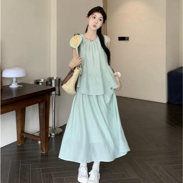 #大赵小萌 studio时尚夏季无袖休闲两件套淑女小清醒中长款套装裙