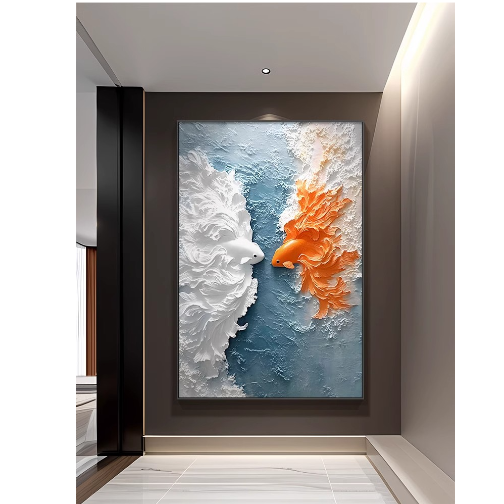 锦鲤轻奢入户玄关装饰画浮雕立体感客厅装饰画酒店海浪壁画客厅画