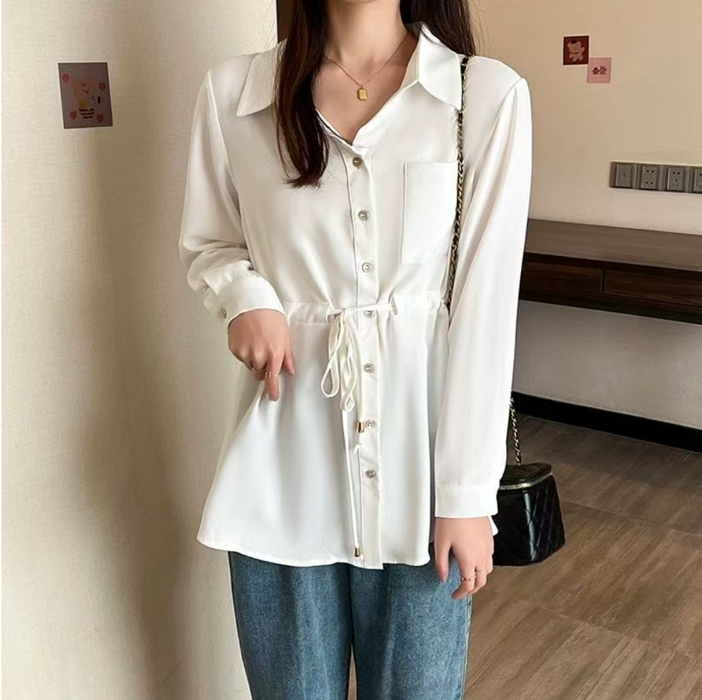 Y28大码女装2024早秋新款洋气收腰独特别致白色衬衫漂亮上衣小衫