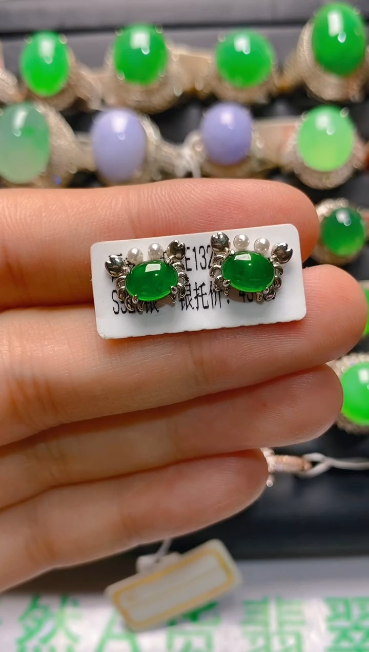 【闪购商品】翡翠耳饰银S925镶嵌天然A货翡翠1