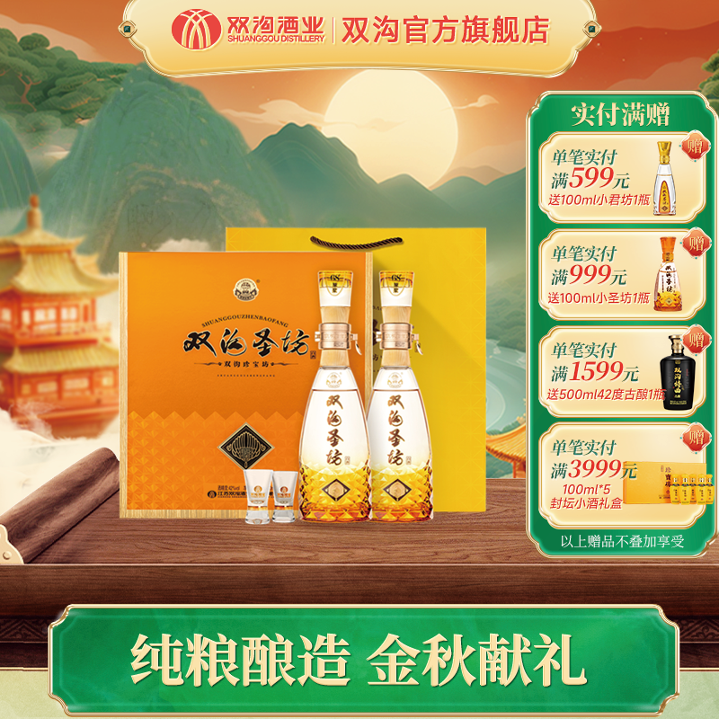 双沟珍宝坊圣坊礼盒21版纯粮白酒商务送礼宴请42度（500ml+20ml）*2