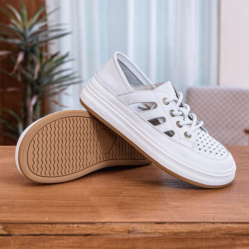 2282米色断码清仓夏季透气女鞋包头镂空凉鞋真皮两穿小白鞋女