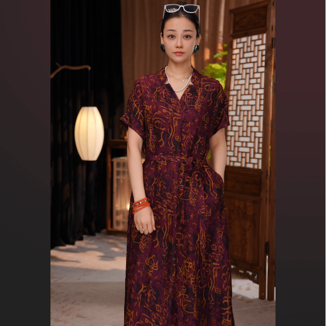 【斐锦】高端中式印花中袖连衣裙0056