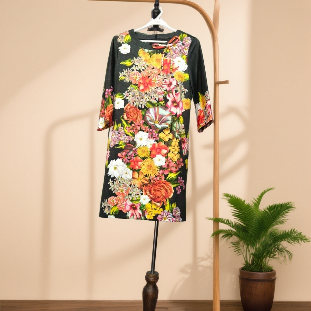 春秋圆领印花连衣裙中长款气质C756