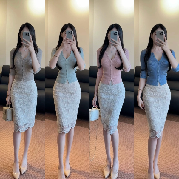 希野逸儿/江南美人穿搭 高腰蕾丝包臀立体雕花米杏色半身裙女人味