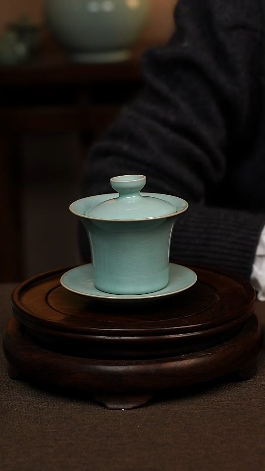 瓷片天青色全手工三才马蹄盖碗100ml不带礼盒