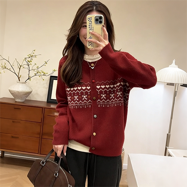 大码胖MM法式复古风提花外套女2025冬新款减龄针织衫上衣XS-0076