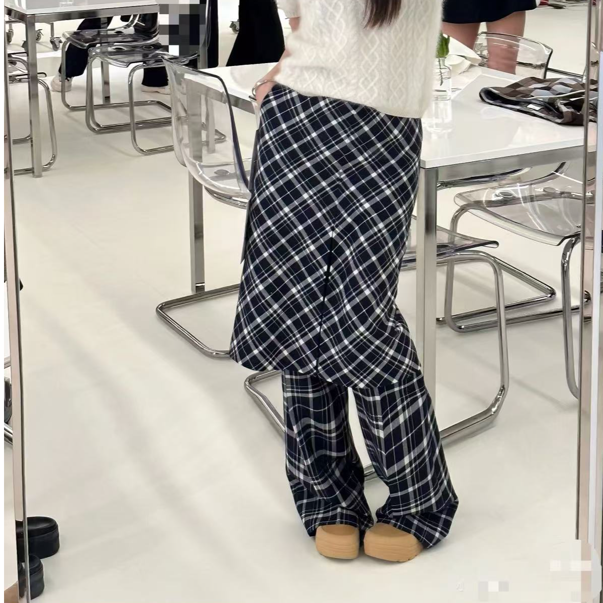 露丝假两件藏蓝色格子裤