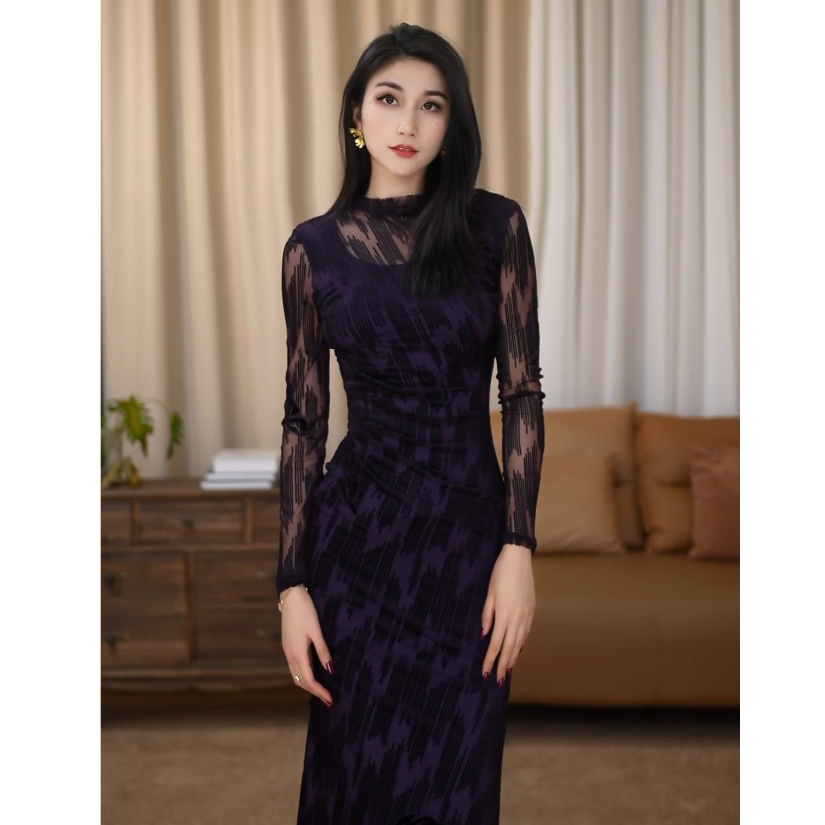 【金穗】中国风植绒网纱浪漫复古提花长款连衣裙-SW0391