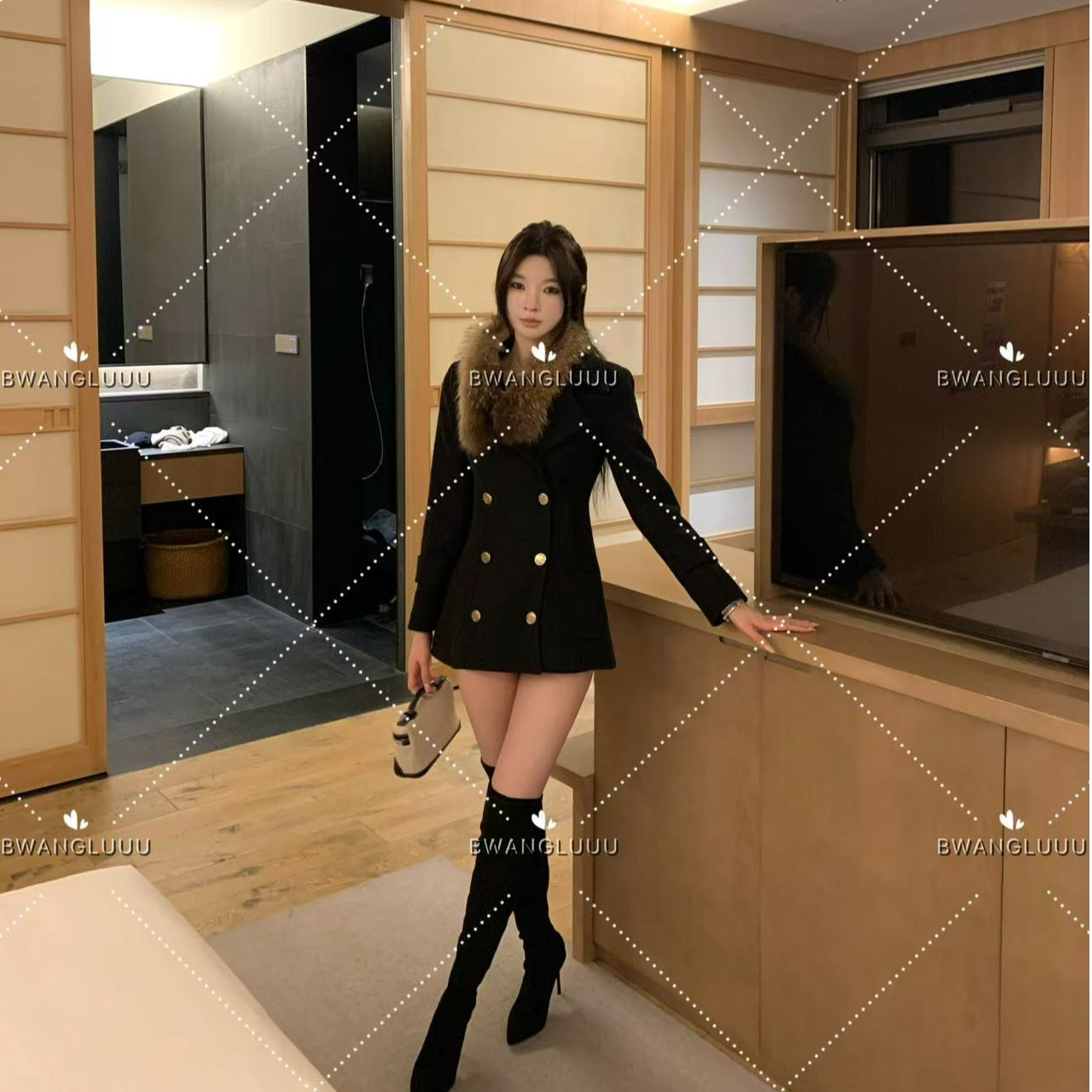 【徐徐啊】暗夜古堡-千金风长款拼接毛呢外套常规厚款