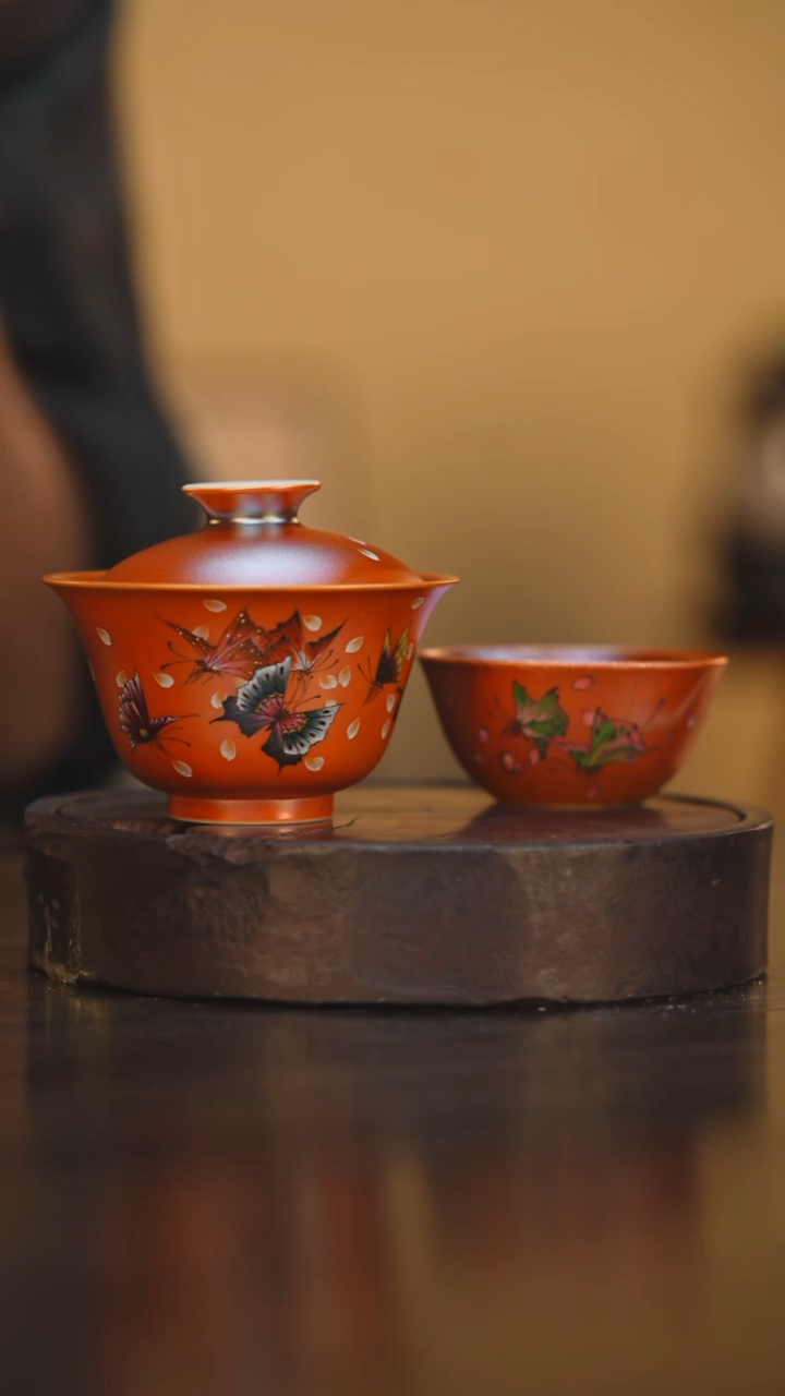 74柴房陶瓷柴烧手绘蝴蝶盖碗带杯