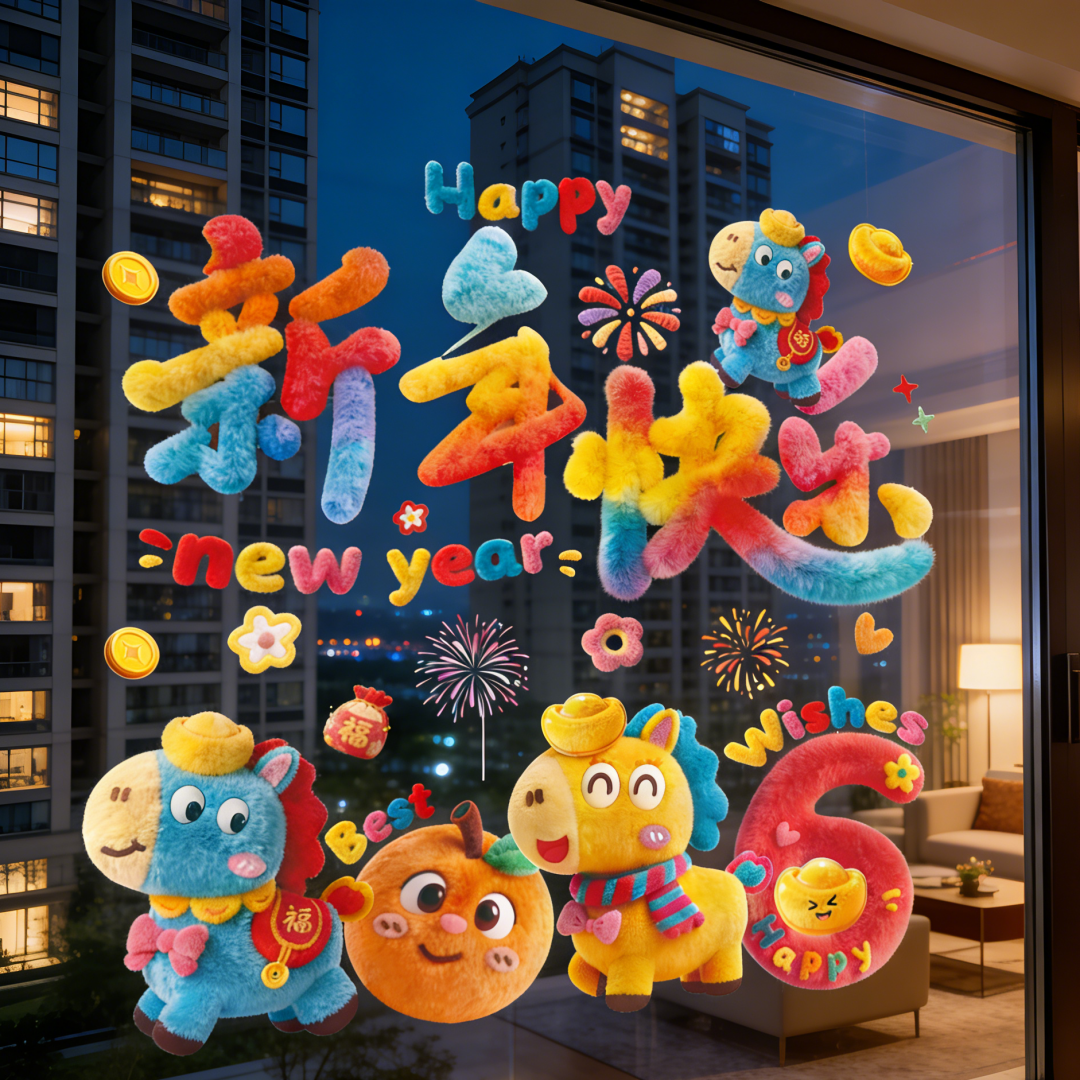 5D裸眼视觉2026毛绒质感马年静电贴玻璃窗花新年元旦氛围装饰贴画