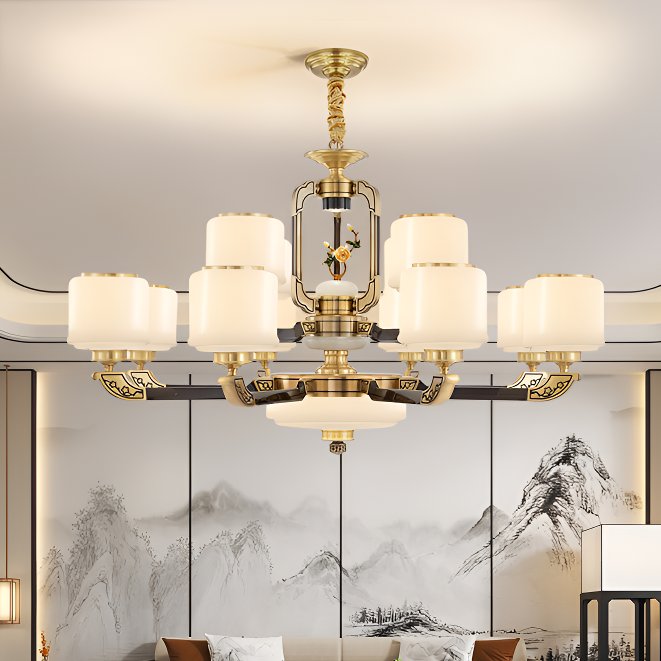 福灯堡新中式复古别墅餐厅客厅灯简约轻奢玻璃灯罩铜吊灯大厅大气