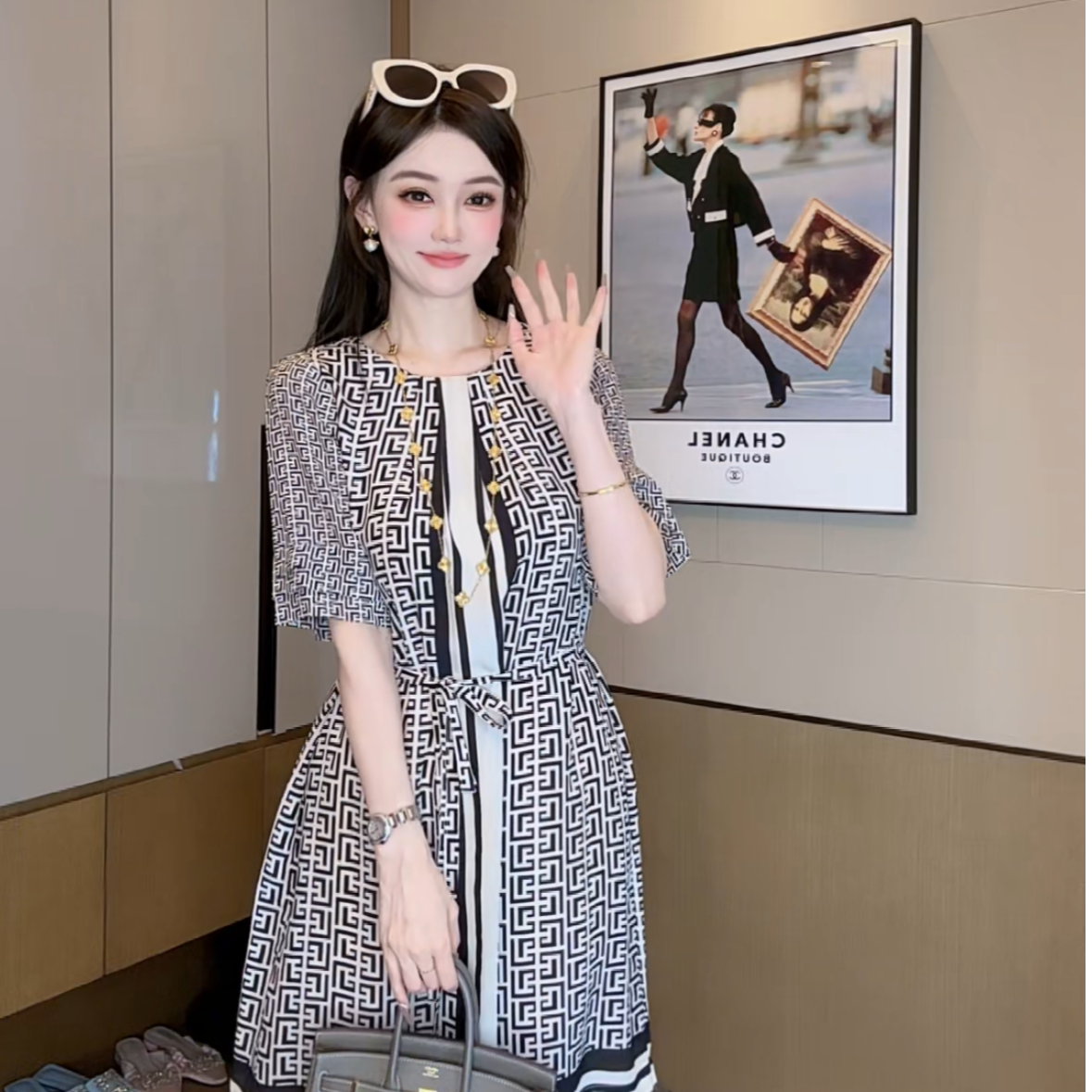 【丝芙玉禄】（S249）真丝双绉桑蚕丝气质拼色宽松中长款女装连衣裙