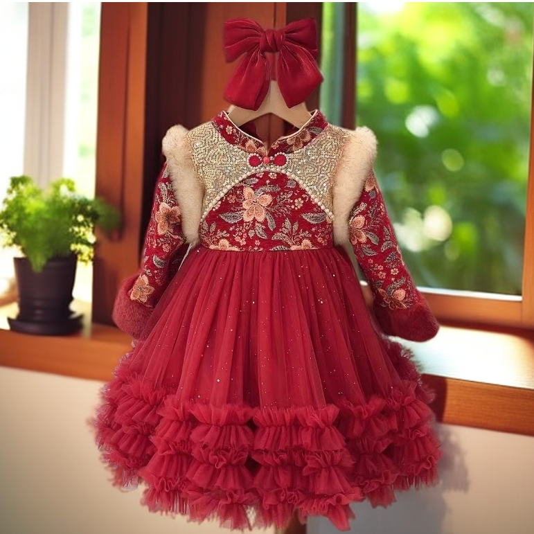 【J0918加绒】2025冬款安哥拉红色新中式加绒加厚女童公主裙