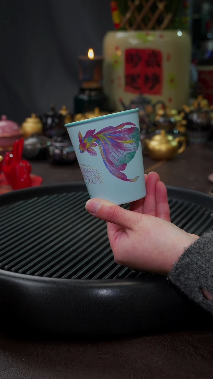 【闪购商品】杯【宜景窑天缥色碟尾鱼】手绘可乐杯