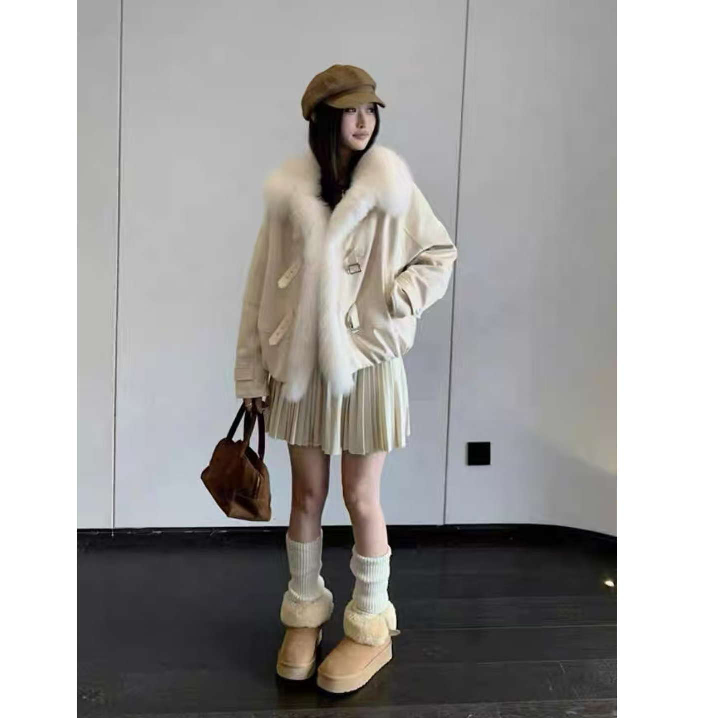 轻奢风冬季仿狐狸毛大翻领夹棉外套女加厚时尚