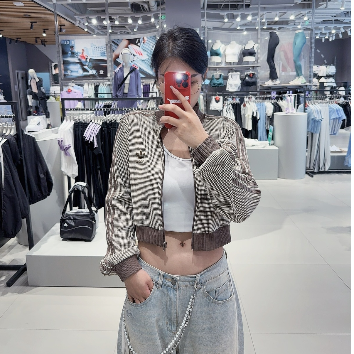 Adidas三叶草复古美拉德短款华夫格立领运动外套 KC2645