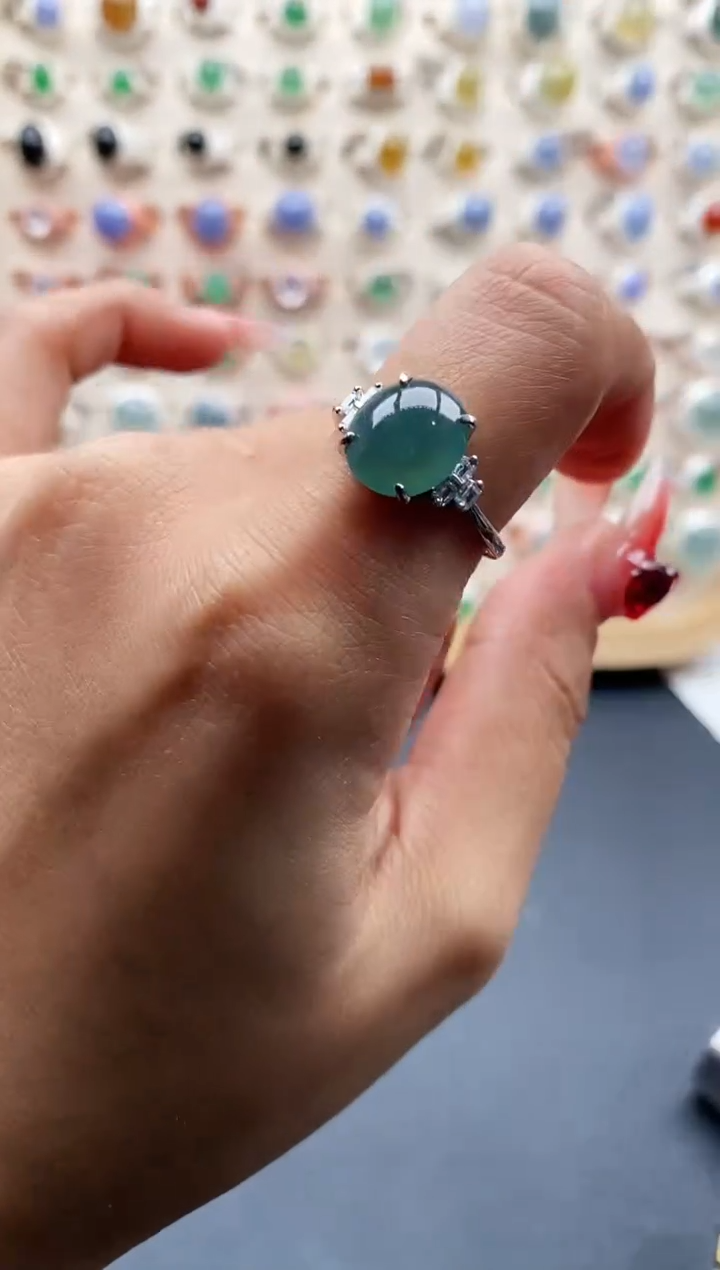 【闪购商品】翡翠戒指银S925镶嵌缅甸天然A货翡翠555 1+5