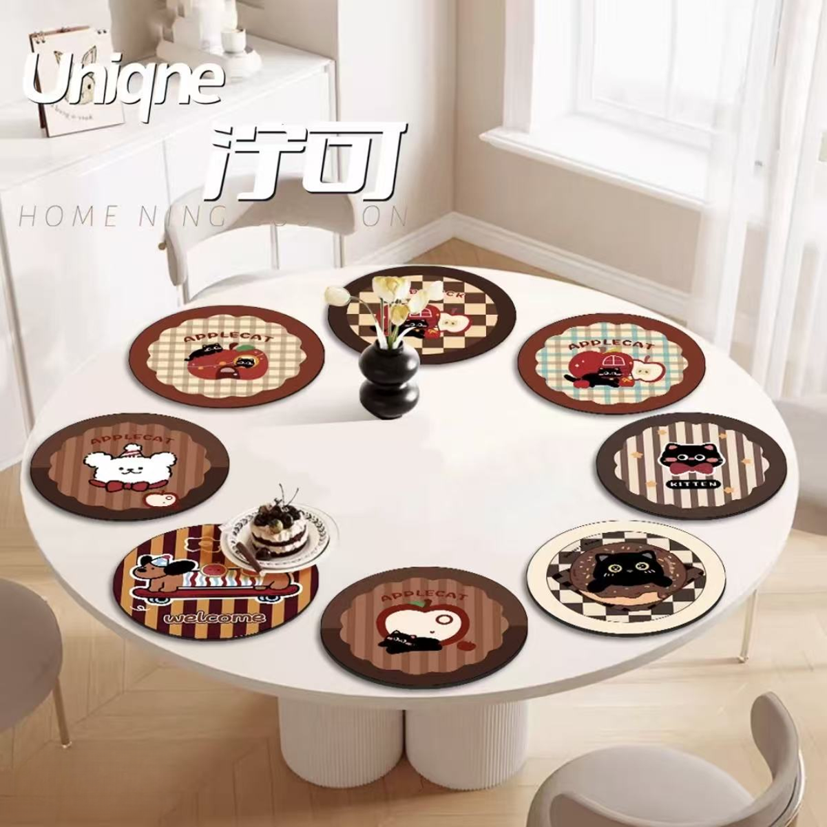 【8个装】可爱卡通小猫餐垫迅速吸水隔热防滑垫子圆形桌面隔热垫子