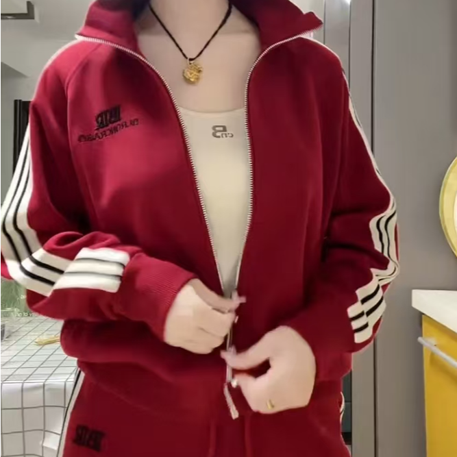 拼条开衫立领新疆棉套装运动洋气时尚女士宽松休闲百搭套装